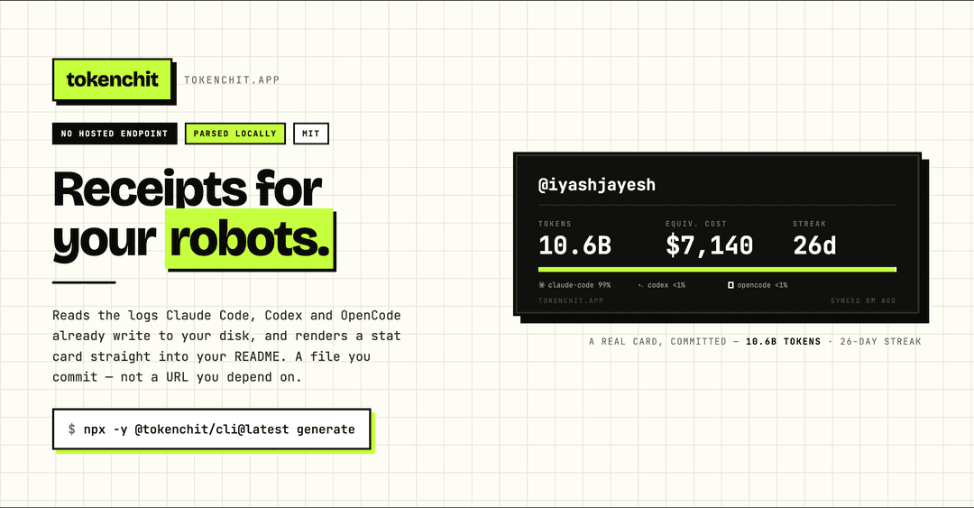 TokenChit <> Stat cards for AI coding agents | OSS